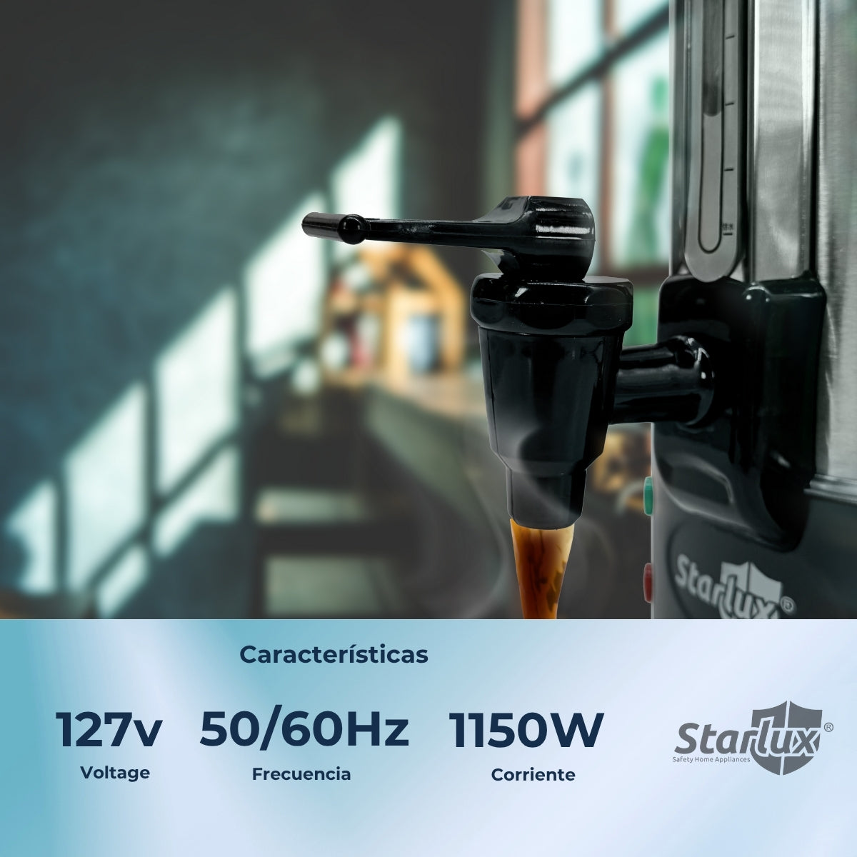 Cafetera percoladora eléctrica Starlux 8L acero inoxidable 1500W control de temperatura, apagado automático, protección de sobre calentamiento SL-24008-B3