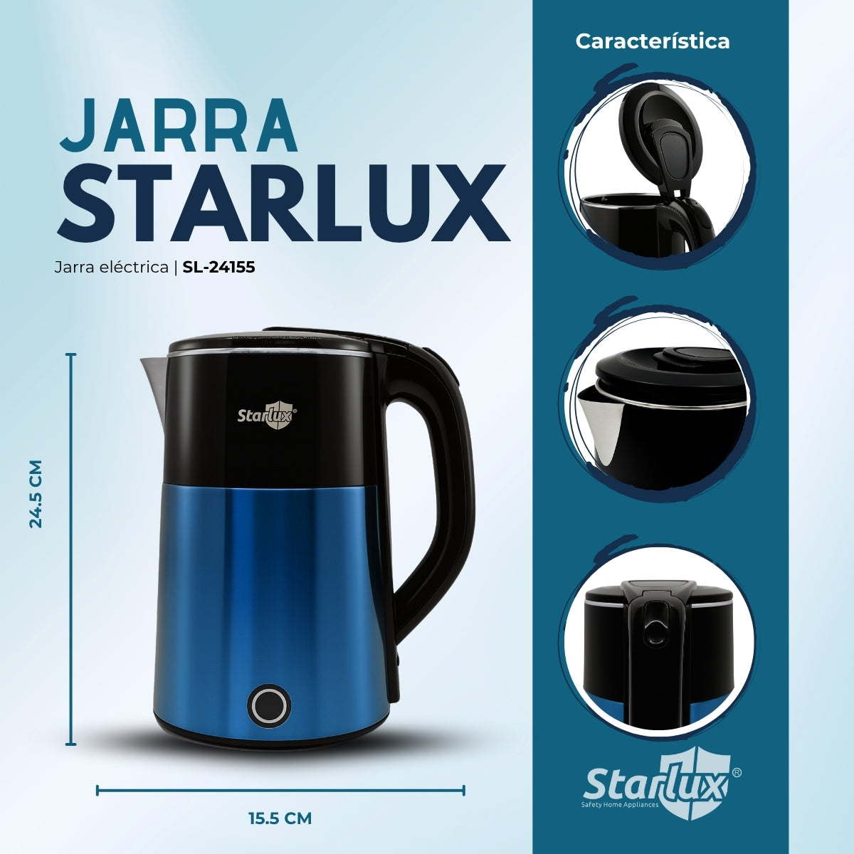 Jarra eléctrica azul Starlux de 2.3 L, de acero inoxidable y protector contra quemaduras SL-24155