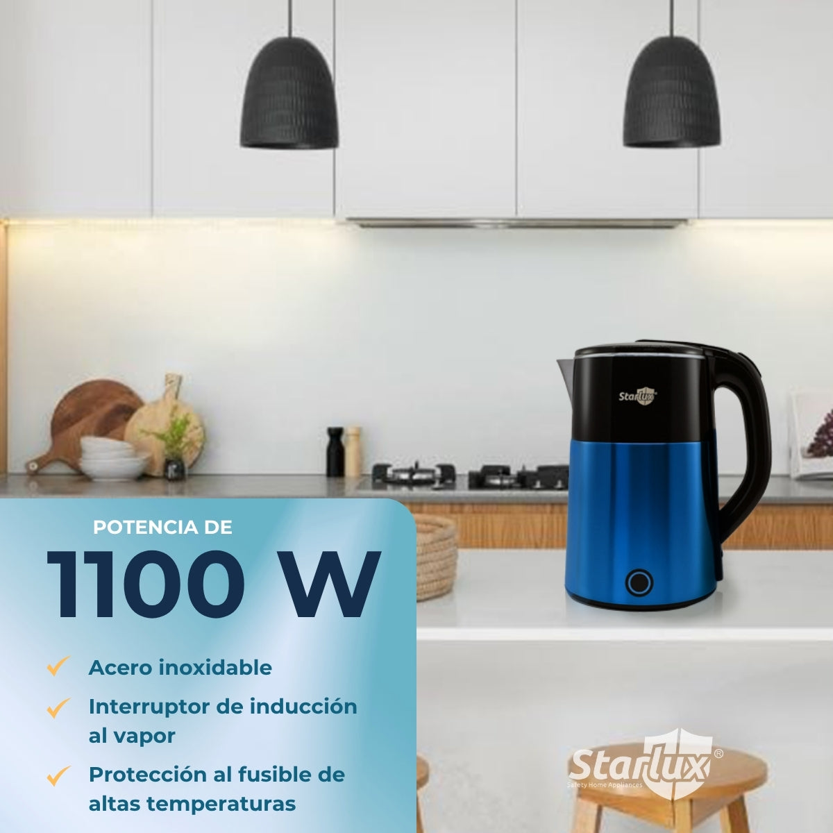 Jarra eléctrica azul Starlux de 2.3 L, de acero inoxidable y protector contra quemaduras SL-24155