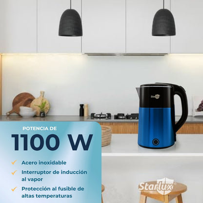 Jarra eléctrica azul Starlux de 2.3 L, de acero inoxidable y protector contra quemaduras SL-24155