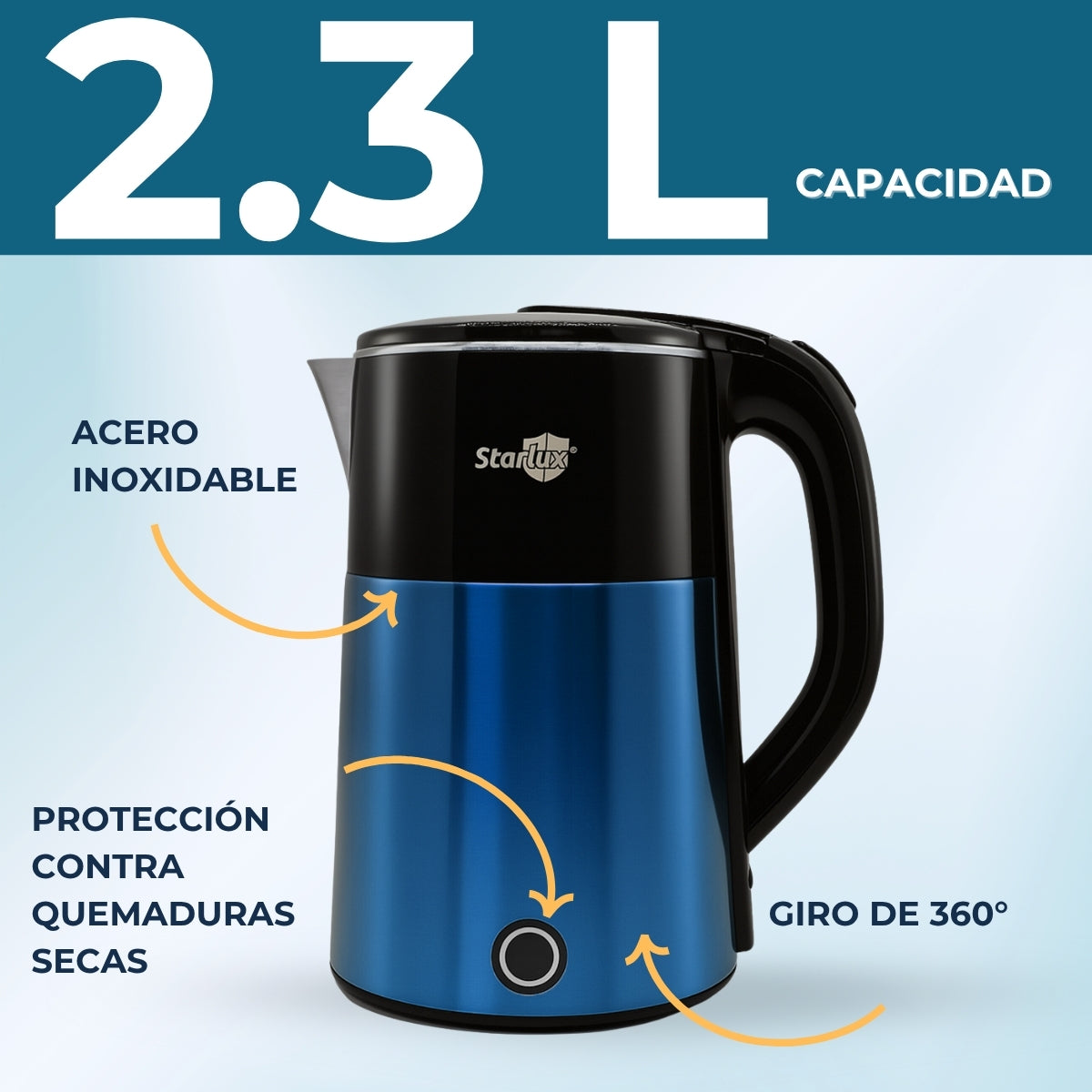 Jarra eléctrica azul Starlux de 2.3 L, de acero inoxidable y protector contra quemaduras SL-24155