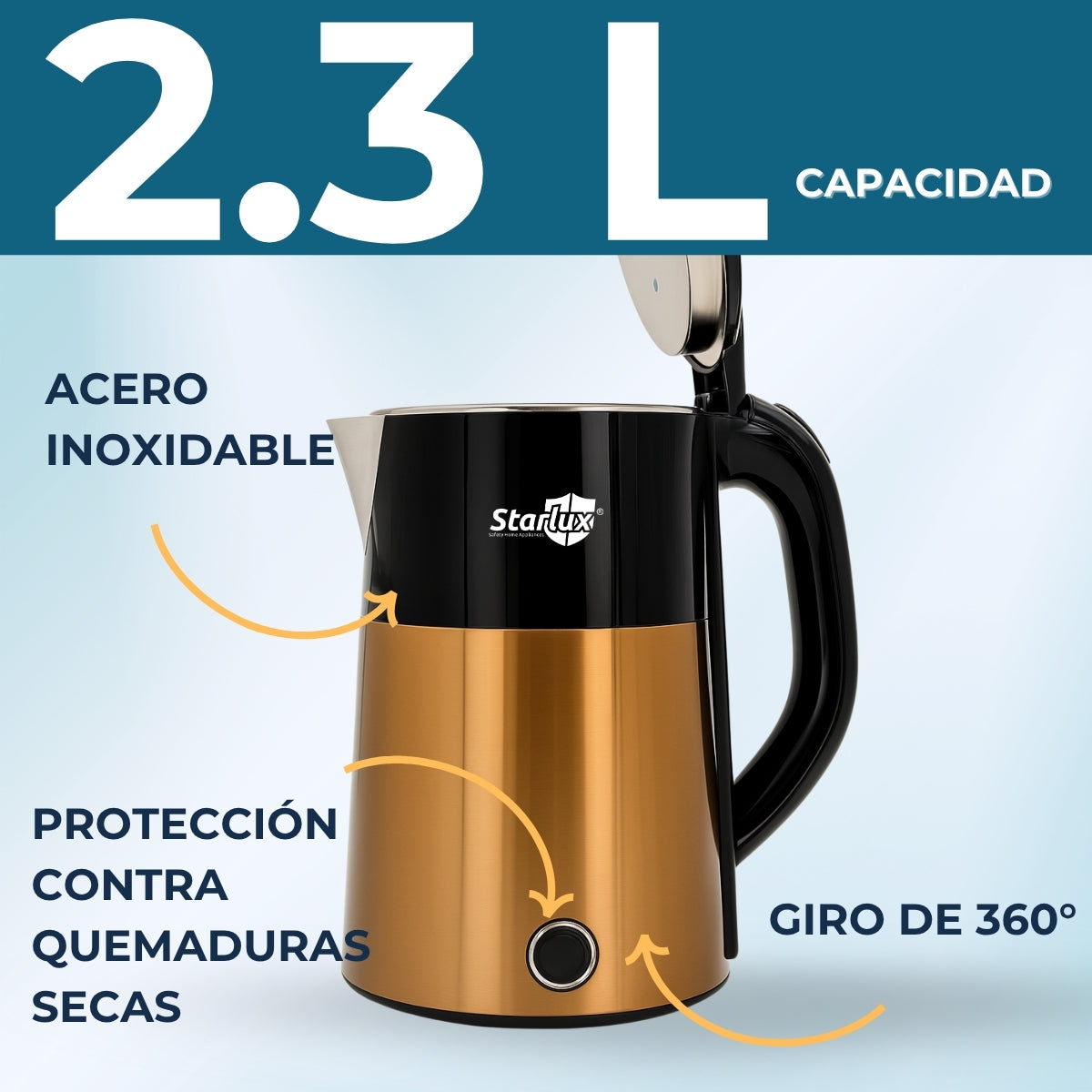 Jarra eléctrica dorada Starlux de 2.3 L, de acero inoxidable y protector contra quemaduras SL-24155