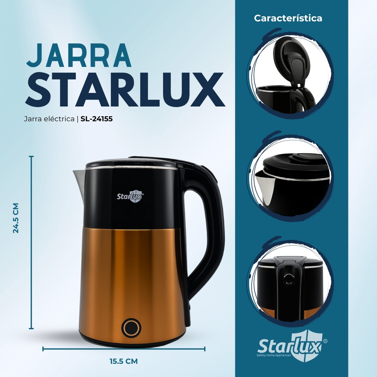Jarra eléctrica dorada Starlux de 2.3 L, de acero inoxidable y protector contra quemaduras SL-24155