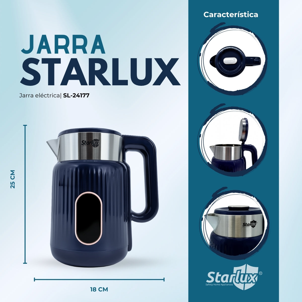 Jarra eléctrica Starlux 2L, doble capa envejecida, apagado automático, fácil de limpiar, bajo ruido de agua hirviendo color azul SL-24177.