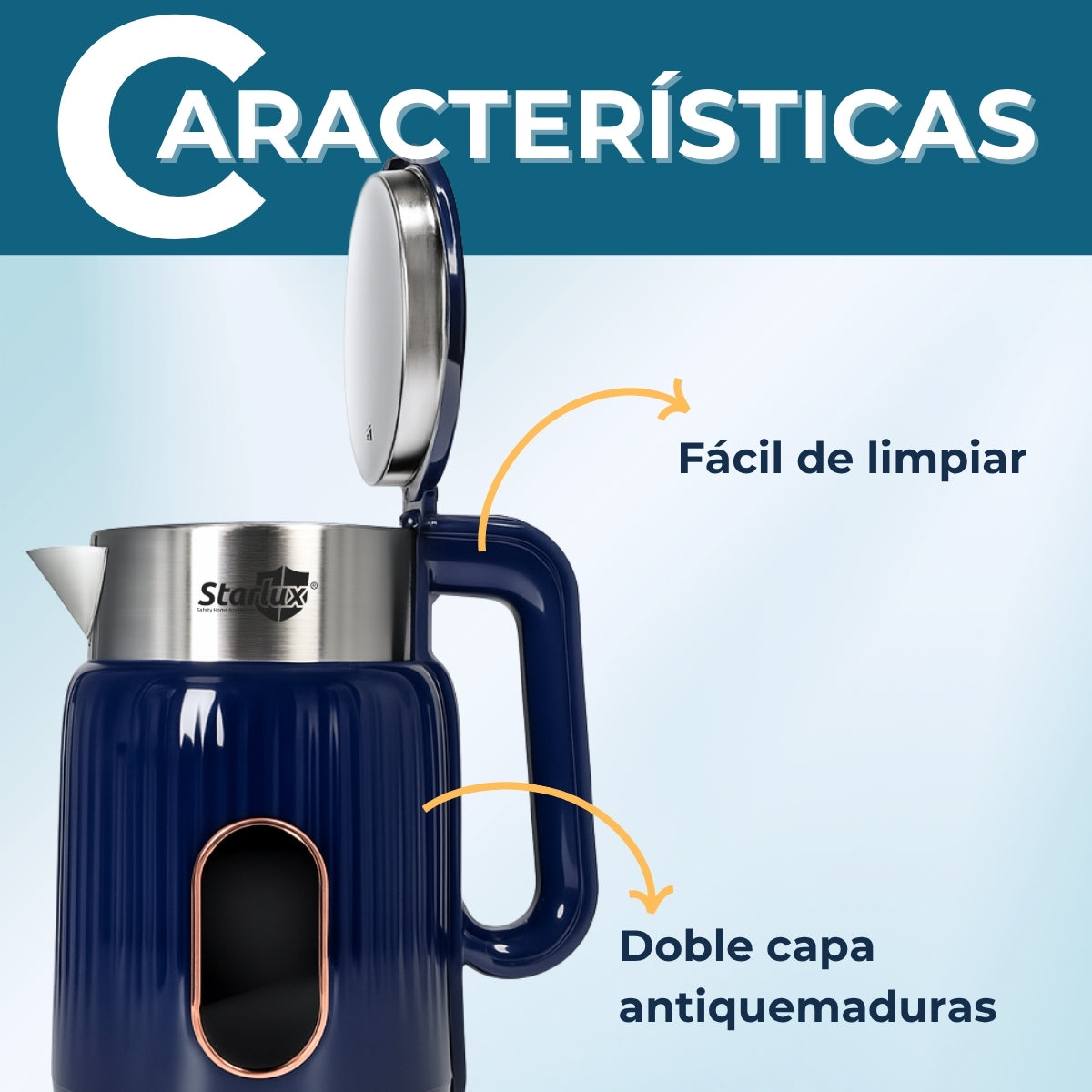Jarra eléctrica Starlux 2L, doble capa envejecida, apagado automático, fácil de limpiar, bajo ruido de agua hirviendo color azul SL-24177.