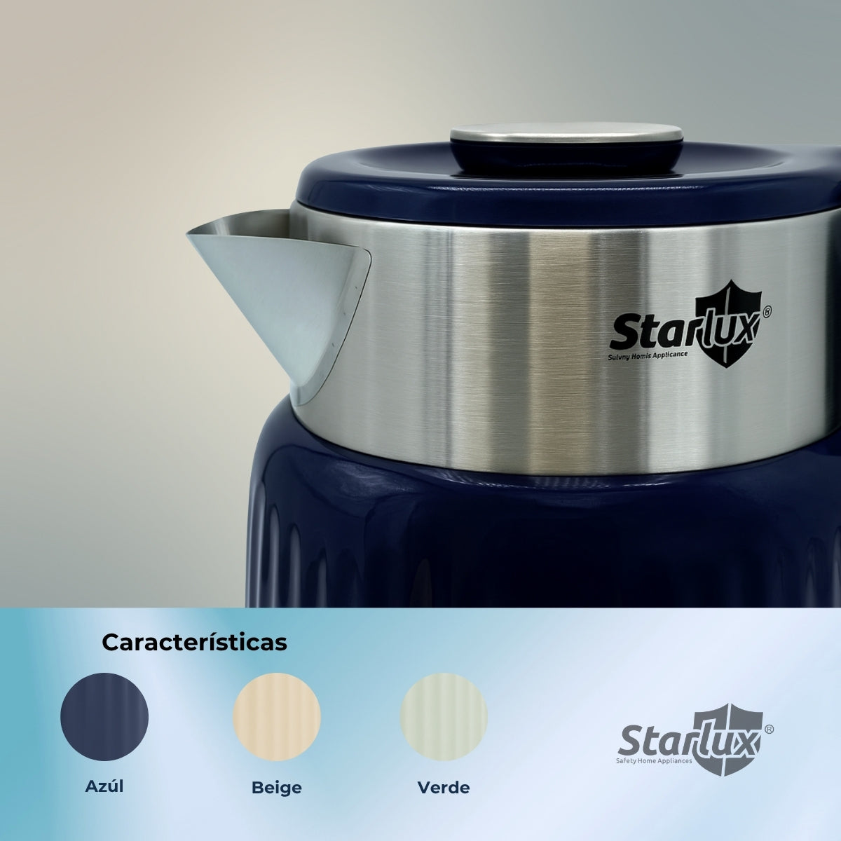 Jarra eléctrica Starlux 2L, doble capa envejecida, apagado automático, fácil de limpiar, bajo ruido de agua hirviendo color azul SL-24177.