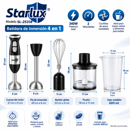 Batidora de mano 4 en 1 Starlux SL-25318 de 2 velocidades 340W