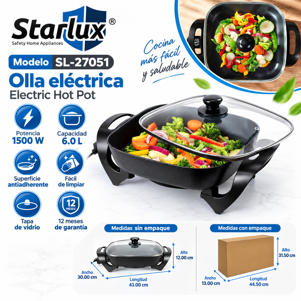 Sartén electrico Starlux SL-27051 6 Lts 1500W con antiadherente