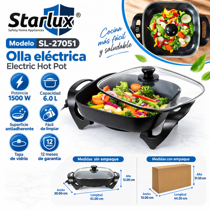 Sartén electrico Starlux SL-27051 6 Lts 1500W con antiadherente