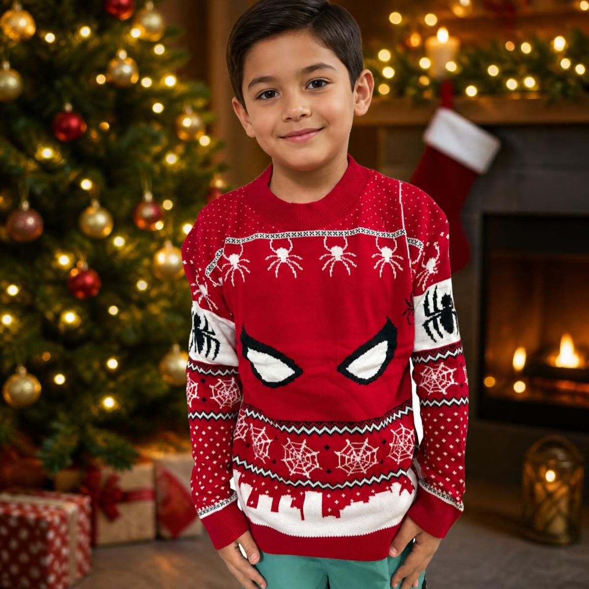 Suéter navideño tipo Ugly Sweater de Spiderman con cuello redondo Unisex