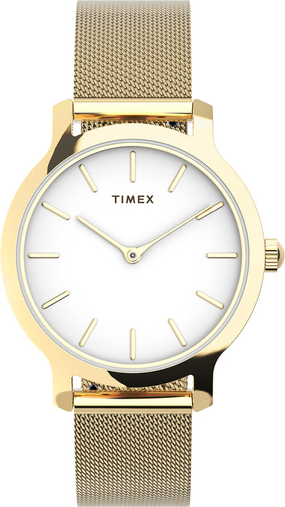 Timex Transcend Dama 3 Manecillas Carat Blanca Braz Mesh Oro Amarillo Caja Aleacion De Metal 31 mm TW2U86800