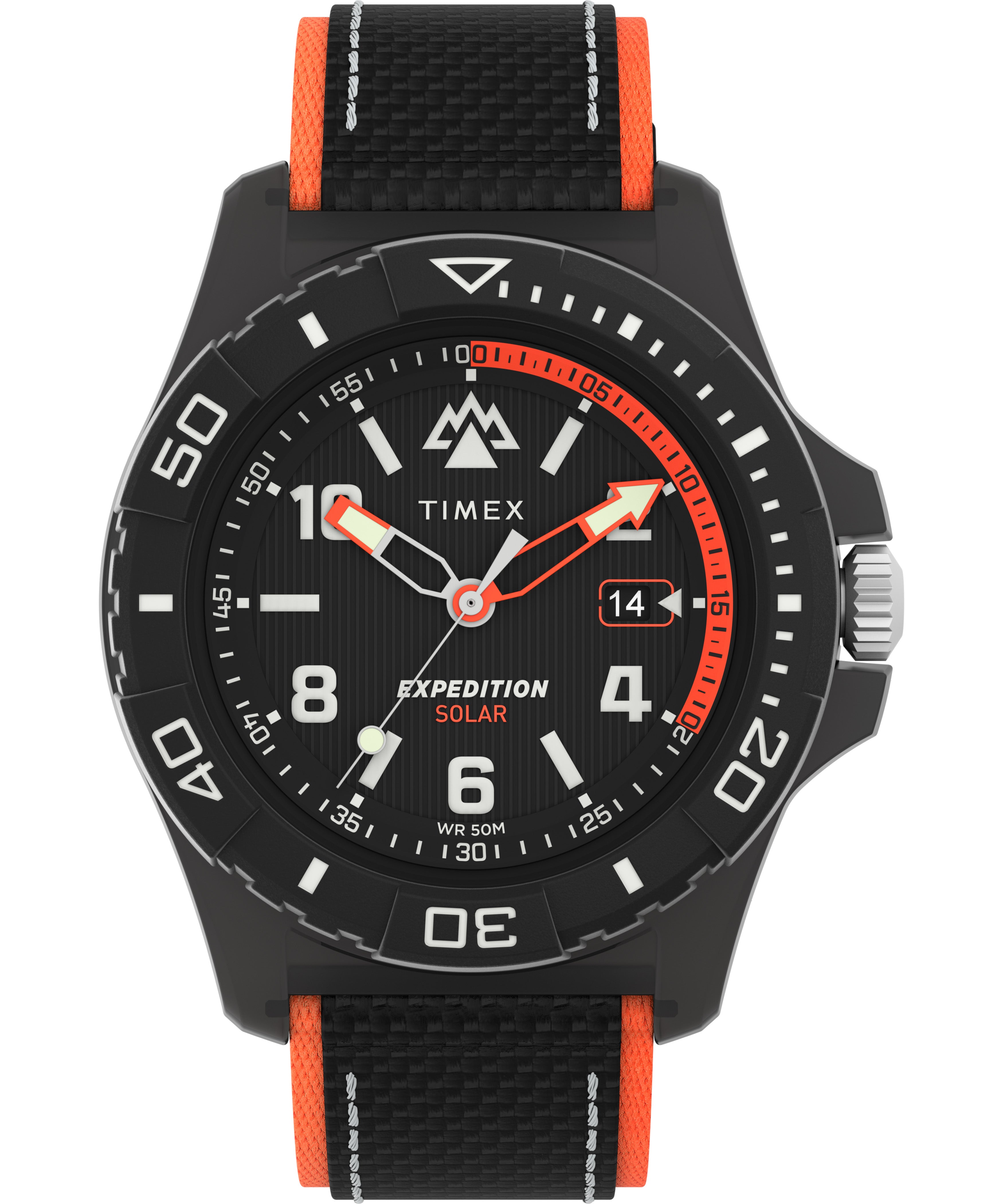 Timex Expedition North Freedive Ocean Cab 3 Manecillas Carat Negra Correa Nylon Negra Y Naranja Caja Material Sustentable 46 mm TW2V66100