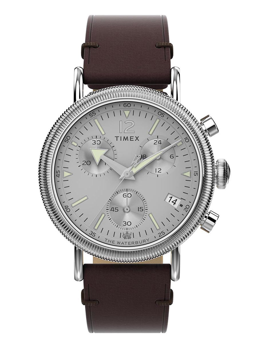 Timex Waterbury Coin Cab Chrono Carat Plata Correa Piel Cafe Caja 40mm TW2W20800