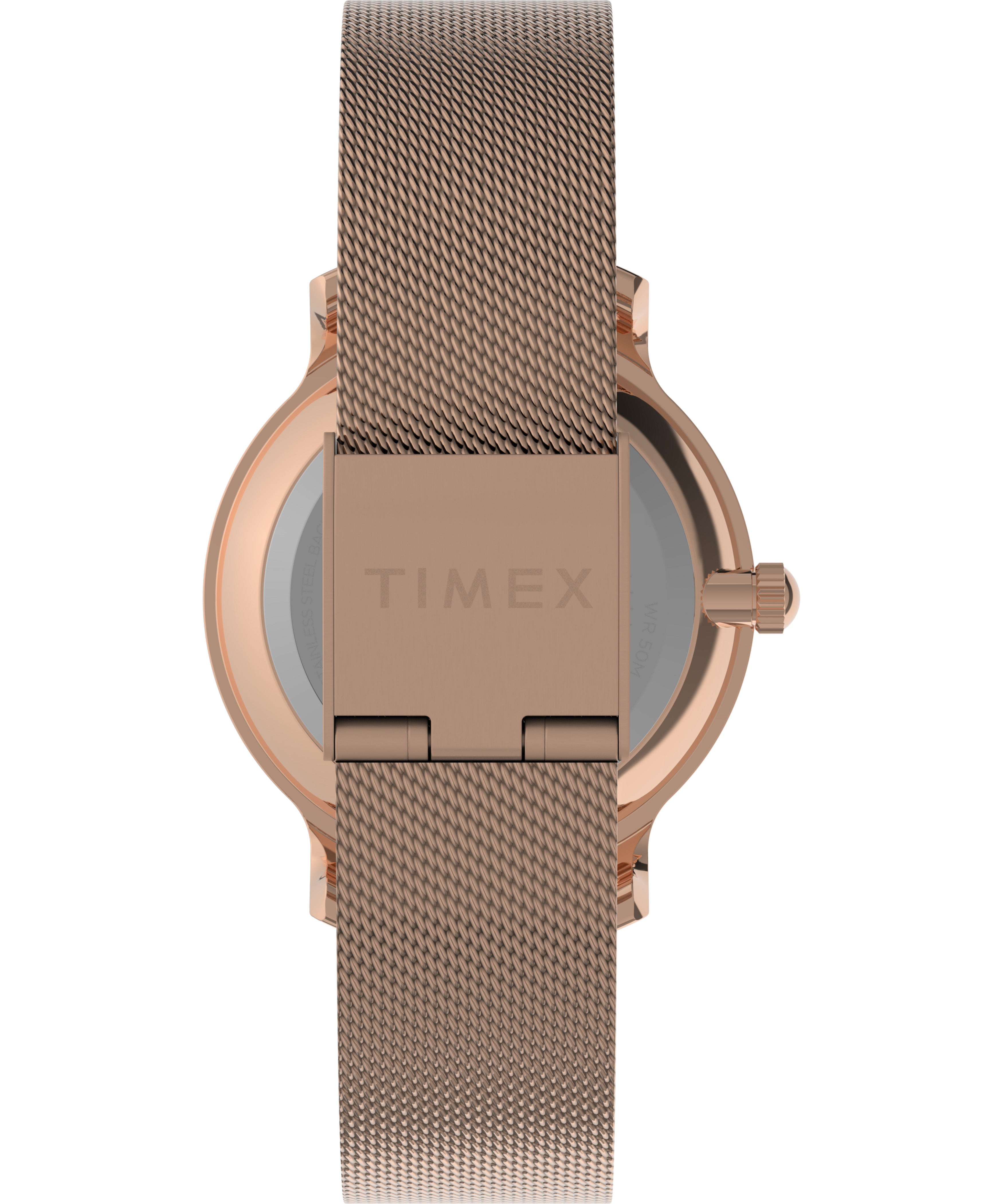Timex Celestial Transcend Dama 2 Manecillas Carat Azul Braz Mesh Oro Rosa Caja 31mm TW2W21400