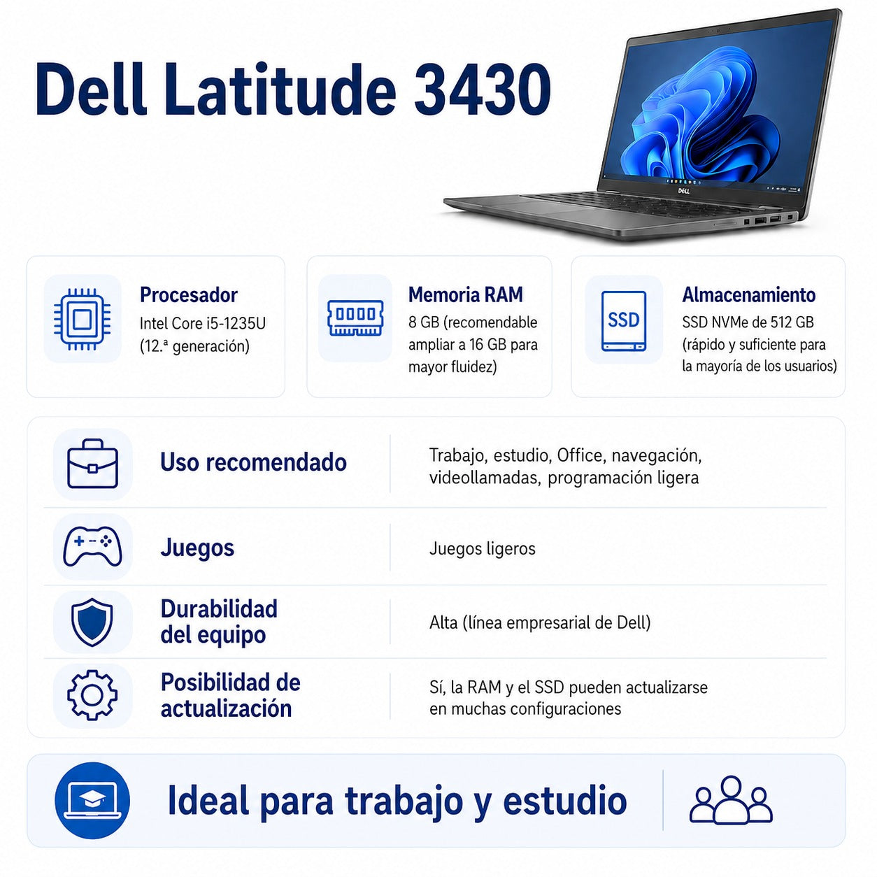 Laptop Dell Latitude 3430 procesador Intel Core i5-1235U de 12ª generación, 8 GB de memoria RAM DDR4 a 3200 MHz Windows 11