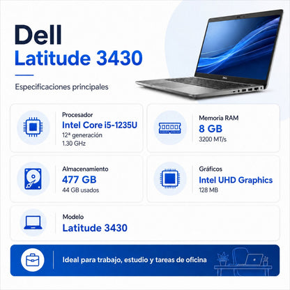 Laptop Dell Latitude 3430 procesador Intel Core i5-1235U de 12ª generación, 8 GB de memoria RAM DDR4 a 3200 MHz Windows 11