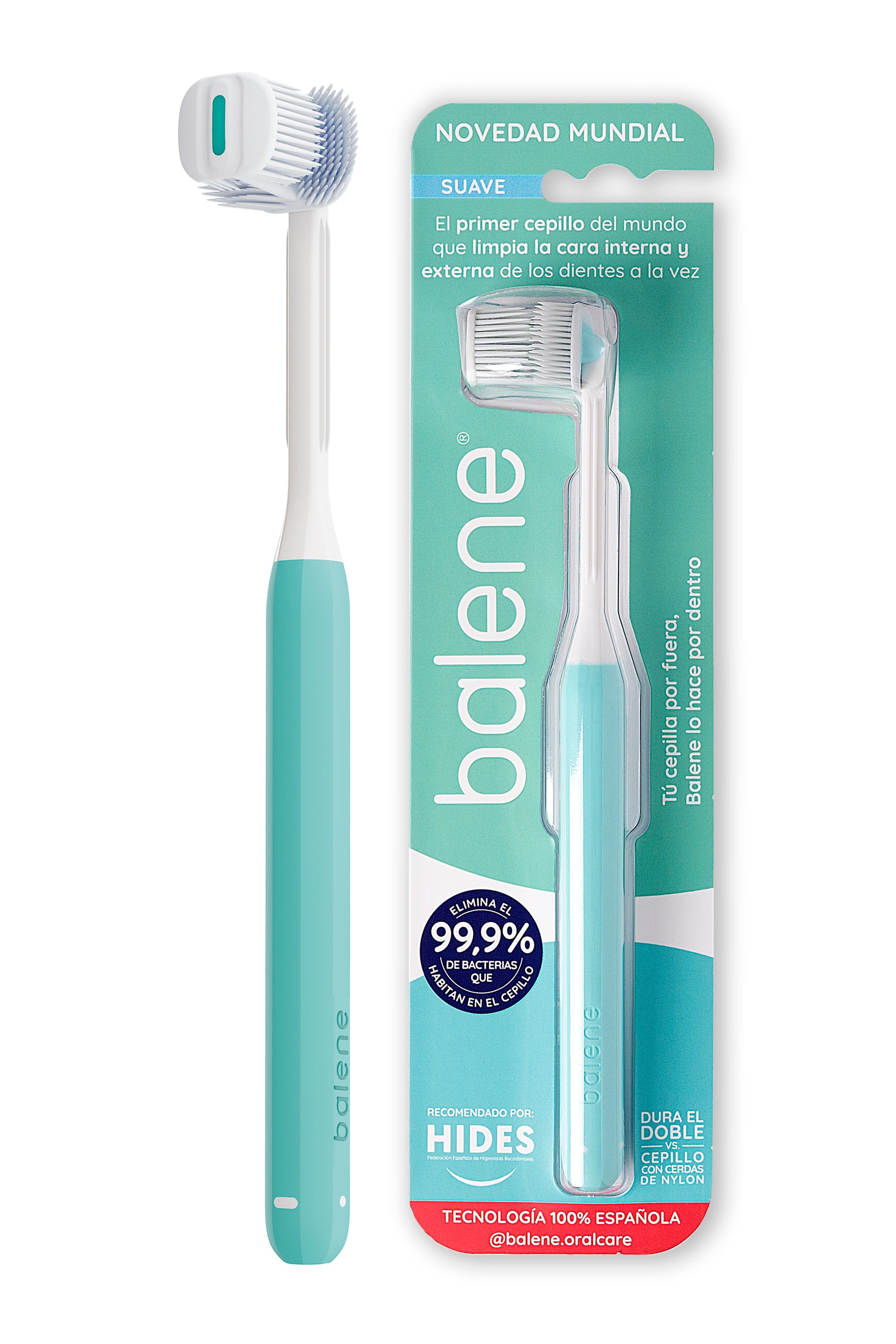 Cepillo Dental BALENE Doble Cara Con Cerdas Suaves Anguladas 45¡ Aguamarina