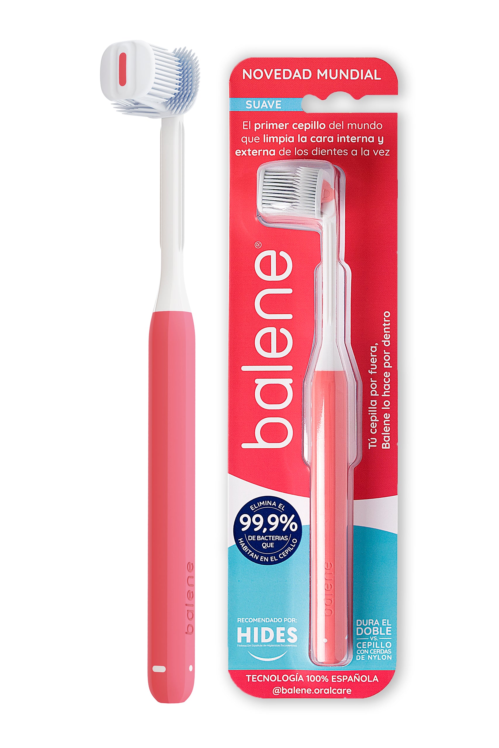 Cepillo Dental BALENE Doble Cara Con Cerdas Suaves Anguladas 45¡ Coral